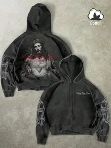 Men's Loose Fit Gothic Faith Graphic Print Cotton Hoodie, Jesus Print, Faith over Fear Slogan, Sleeve Cross Details, Casual Streetwear Style, Sweatshirts