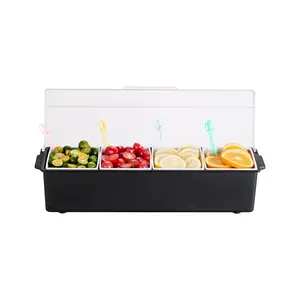 fathersdaygift VEVOR Chilled Condiment Server, 4 Compartment Ice Cooled Condiment Serving Container, Chilled Garnish Tray Bar Caddy with Lid, for Bartending Serving Taco, Salad, Fruit, Home Restaurant Supplies