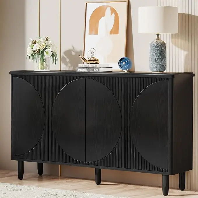Tribesigns Buffet Cabinet Sideboard with Storage, 59.4-Inch White Storage Cabinet Modern Sideboard Buffet Table with Doors for Living Room Kitchen Dining Room (Black)