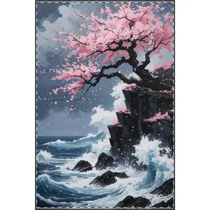 Cherry Blossom Cliff Satin Poster | Stormy Ocean Wave Art Print