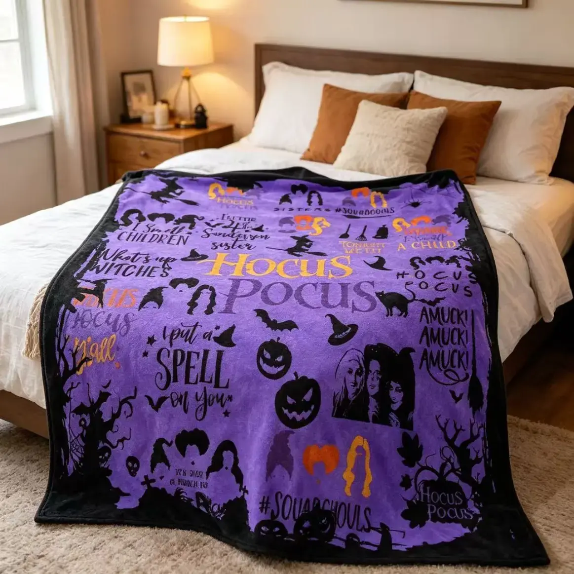 Halloween Witch Spell Flannel Blanket, Soft Lightweight Warm Cozy Plush Throw Blanket for Adults and Kids, Bed, Sofa, Office, Camping, Travel, Slogan Print Decor and Halloween Gift