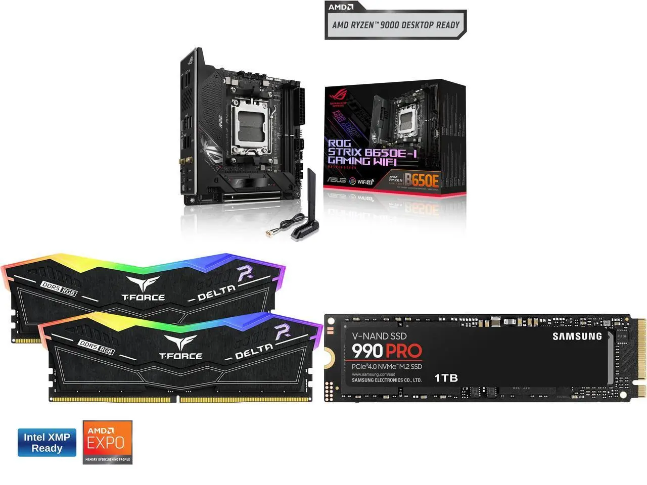 Motherboard Memory SSD Combo -  ASUS ROG STRIX B650E-I GAMING WIFI Bundle with  Team Group FF3D516G6000HC38ADC01  and SAMSUNG MZ-V9P1T0B/AM