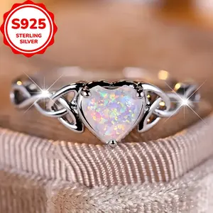 S925 Coquette Style Opal Heart Promise Ring Featuring a Celtic Design - an Ideal Gift for Engagement Or Wedding for Your Beloved, Weighing 2.5G