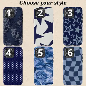 Navy Blue Phone Case With Stars and Polka Dots, Aesthetic Y2K Classic Cover