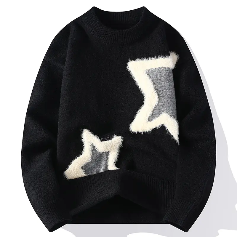 crew‑neck knit sweater, fuzzy plush star jacquard patchwork detail, contrast grey inner star pattern, ribbed collar, cuffs and hem, loose relaxed silhouette, cozy street‑style warm pullover top for fall winter outfits#sohochic