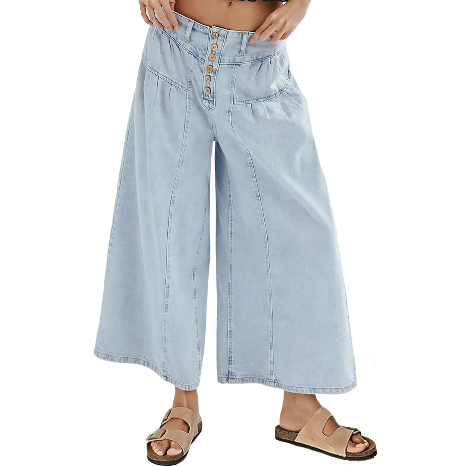 CHOUYATOU Women's Baggy Cowgirl Jeans, Cute Flared Wide Leg Crop Denim with Patchwork Ruffle Hem and Elastic Waist, Bootcut, Streetwear, Lightweight, Pleated