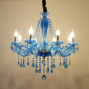Aeyee Classic Crystal Chandelier Vintage Candle Pendant Light Fixture Adjustable Island Lights for Dining Room Foyer Blue Glass Design