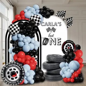 115 pieces of racing themed birthday balloon arch set Marca blue, red, black latex balloons paired with large tires, black and white checkered aluminum foil balloons for children's racing themed birthday party decoration, Balloon party supplies