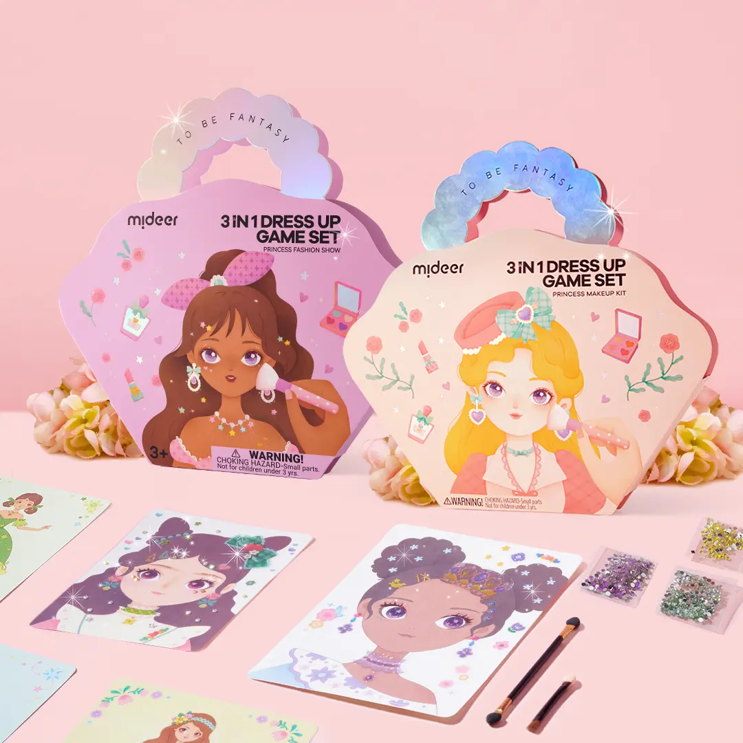 MiDeer 4-in-1 Dress Up Game Set Princess Fantasy Makeup Kit with 28 Styles Diamond Painting & Glowing Foil Stickers for Creative Role-Playing Adventures