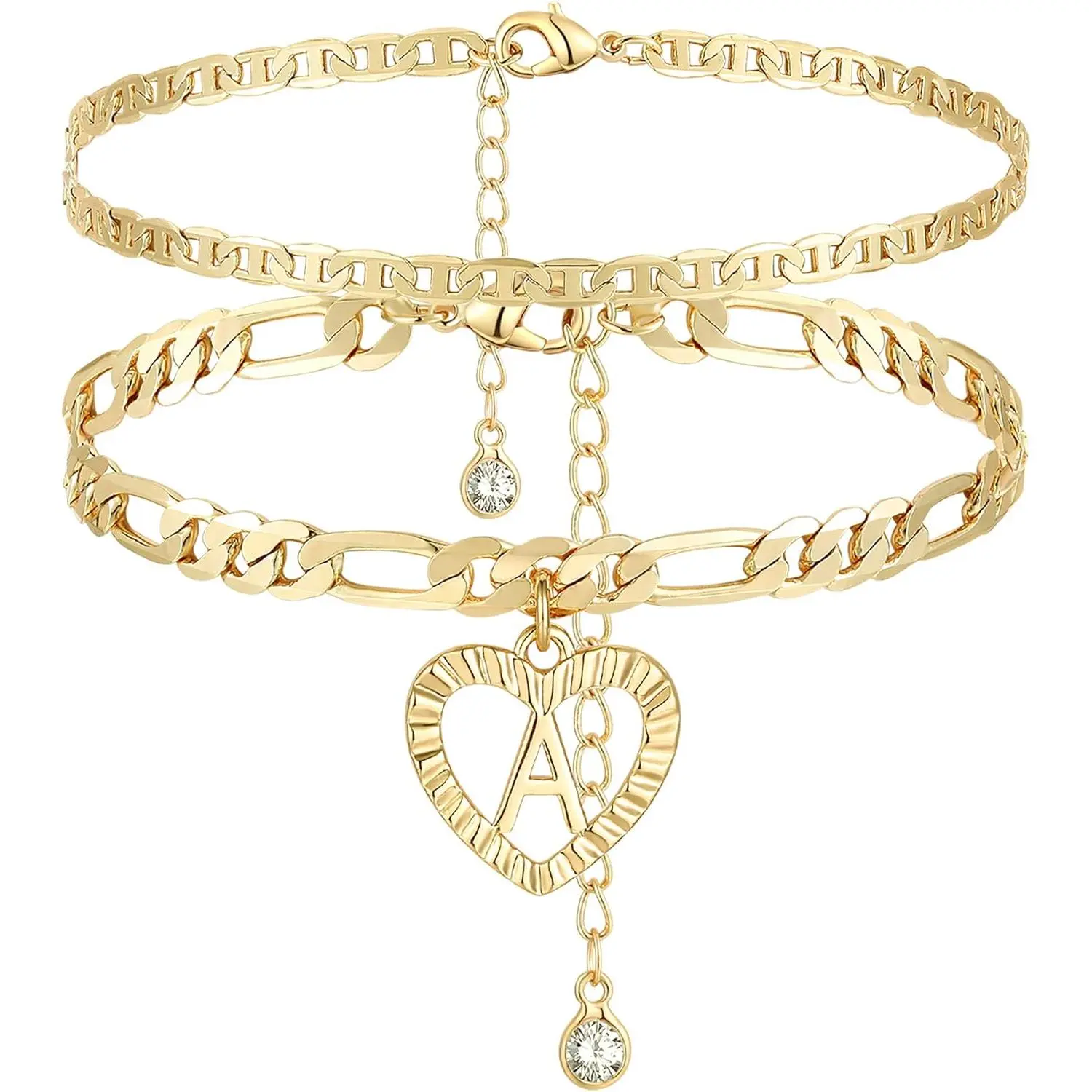 Initial Ankle Bracelets for Women 14K Gold Plated Layered Figaro Chain Letter Initial Anklets Handmade Layered Heart Ankle Bracelets Personalized Gifts for Women