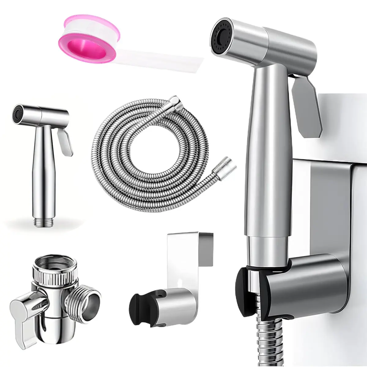304 Toilet Spray Gun Set, Handheld Adjustable Water Pressure Sprayer, Stainless Steel Bidet Cleaning Nozzle for Women, Bathroom Bidet Sprayer
