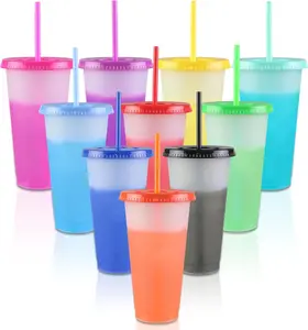 10 Pack 24oz Color Changing Cups with Lids and Straws, Reusable Color Changing Tumblers, Multicolor Cold Drink Cups for Iced Coffee, Smoothies, Beverages Party Supplies