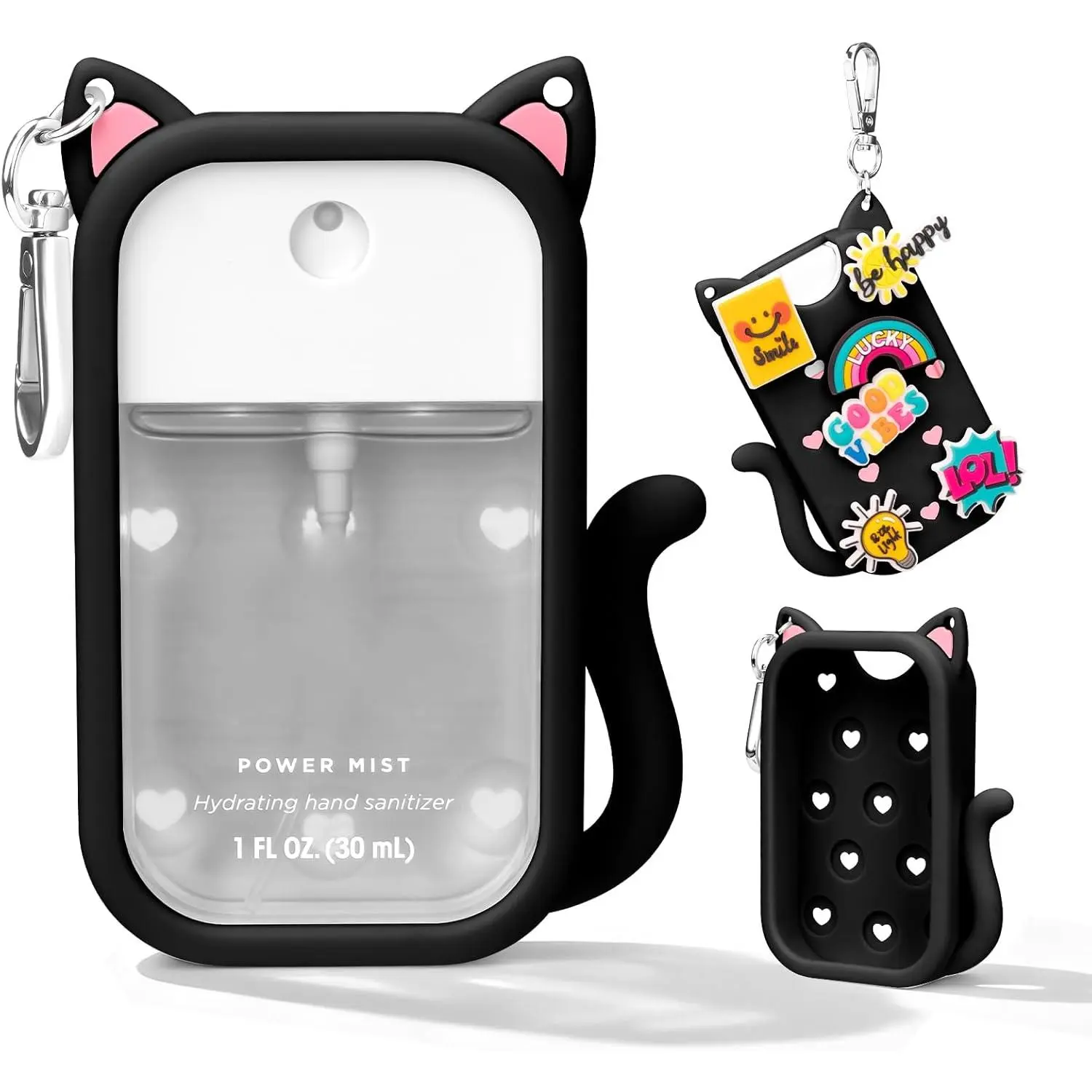 Cute Cat Silicone Case Compatible with Touchland Power & Glow Mist, Protective Travel Holder with Keychain and 6 Charms, Hand Sanitizer Accessory Set for 1oz/30ml, Black, Hand Sanitizer Set, Cute Travel & Perfume Bottle, Portable Atomizer Travel & Perfume