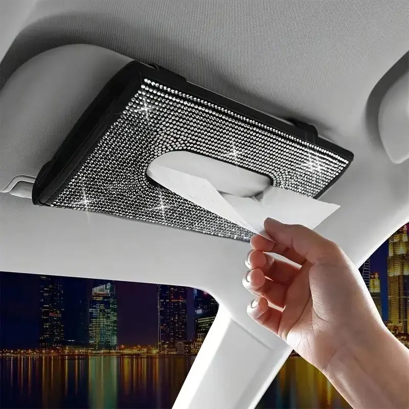 Bling Car Tissue Box, Car Tissue Holder, 1 Count PU Leather Artificial Crystal Tissue Box, Car Sun Visor Tissue Storage Box, Glitter Rhinestone Tissue Bag, Car Organization Supplies
