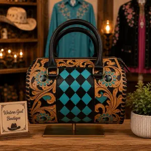 Teal and Blakc Checked Tooled Leather Speedy