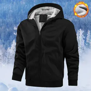 Warm Thick Fleece Lined Coats With Hoods For Men Casual Jackets Warmth Mens Zippered Hoodie Long Sleeve Pocket Thicken Overcoat Winter Clothes For Men woven fabric