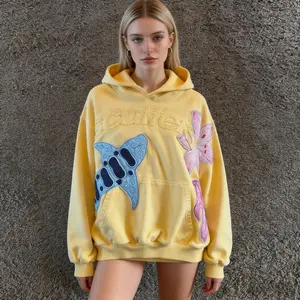 Vintage Yellow Oversized Hoodie, Handmade Embroidered Patchwork Sweatshirt, Y2K Aesthetic Streetwear, Retro Floral & Stingray Design, Casual Comfy Pullover for Women, 2000s Grunge Fashion Top