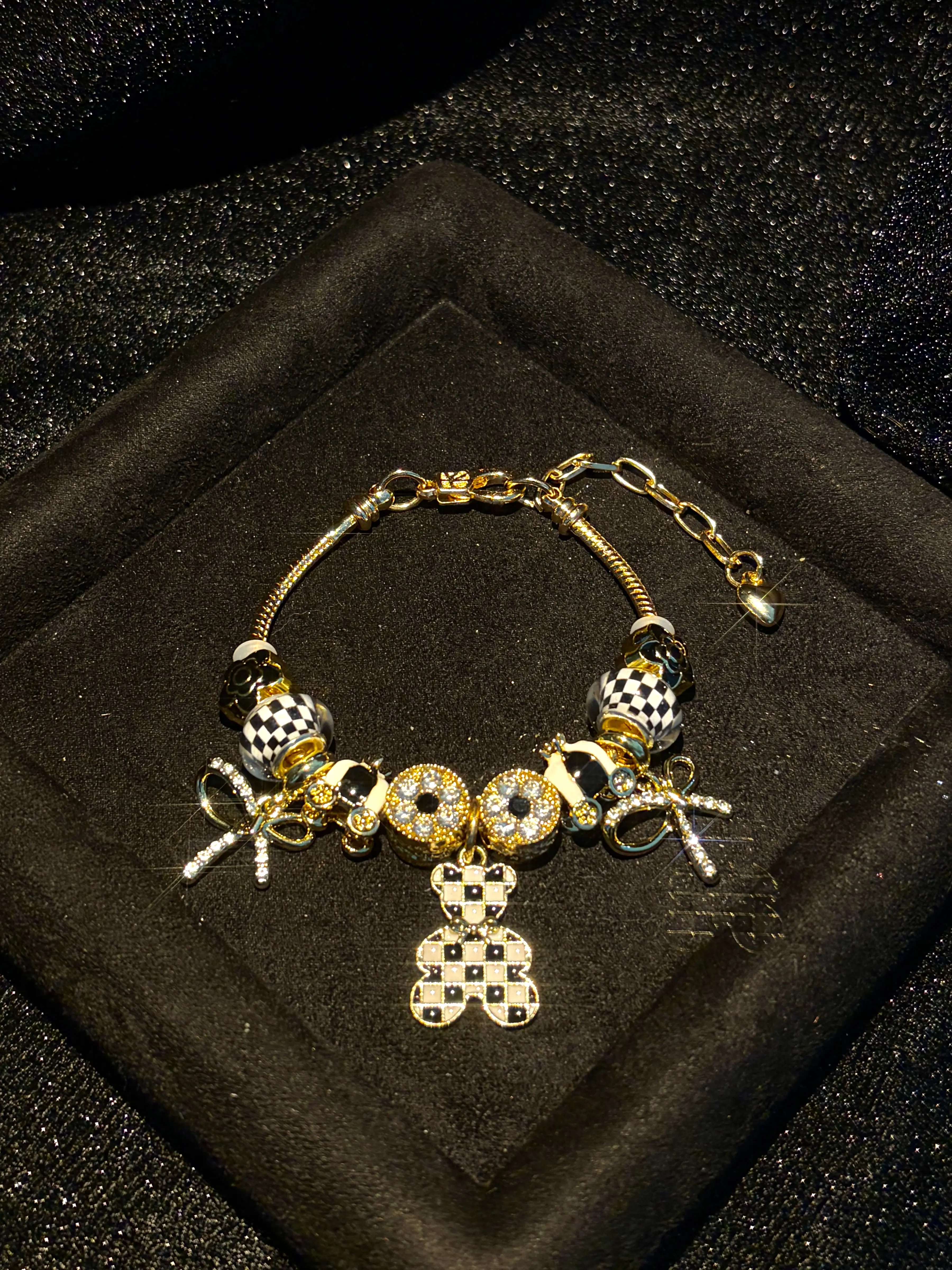 Women's Black and White Checkered Bear Charm Bracelet - Gold-Tone Snake Chain Beaded Bracelet with Bow & Crystal Rhinestones, Luxury Dainty Costume Jewelry Gift