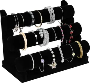 [New Deal] Velvet Bracelet Holder with 3 Tier Rack, Black Detachable Jewelry Display Stand T-Bar Necklace Storage Organizer for Bangles