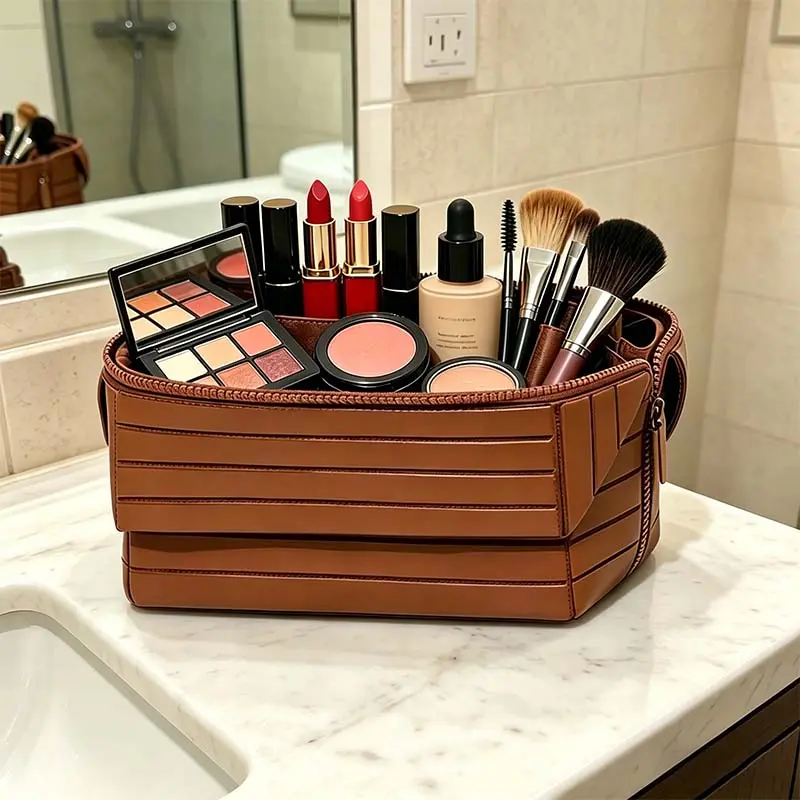Travel Makeup Bag, Large Capacity Fold Down Cosmetic Bag for Women, WaterProof PVC Leather, Pull Open Toiletry Bag with Compartments, for Skincare, Brushes & Travel Essentials