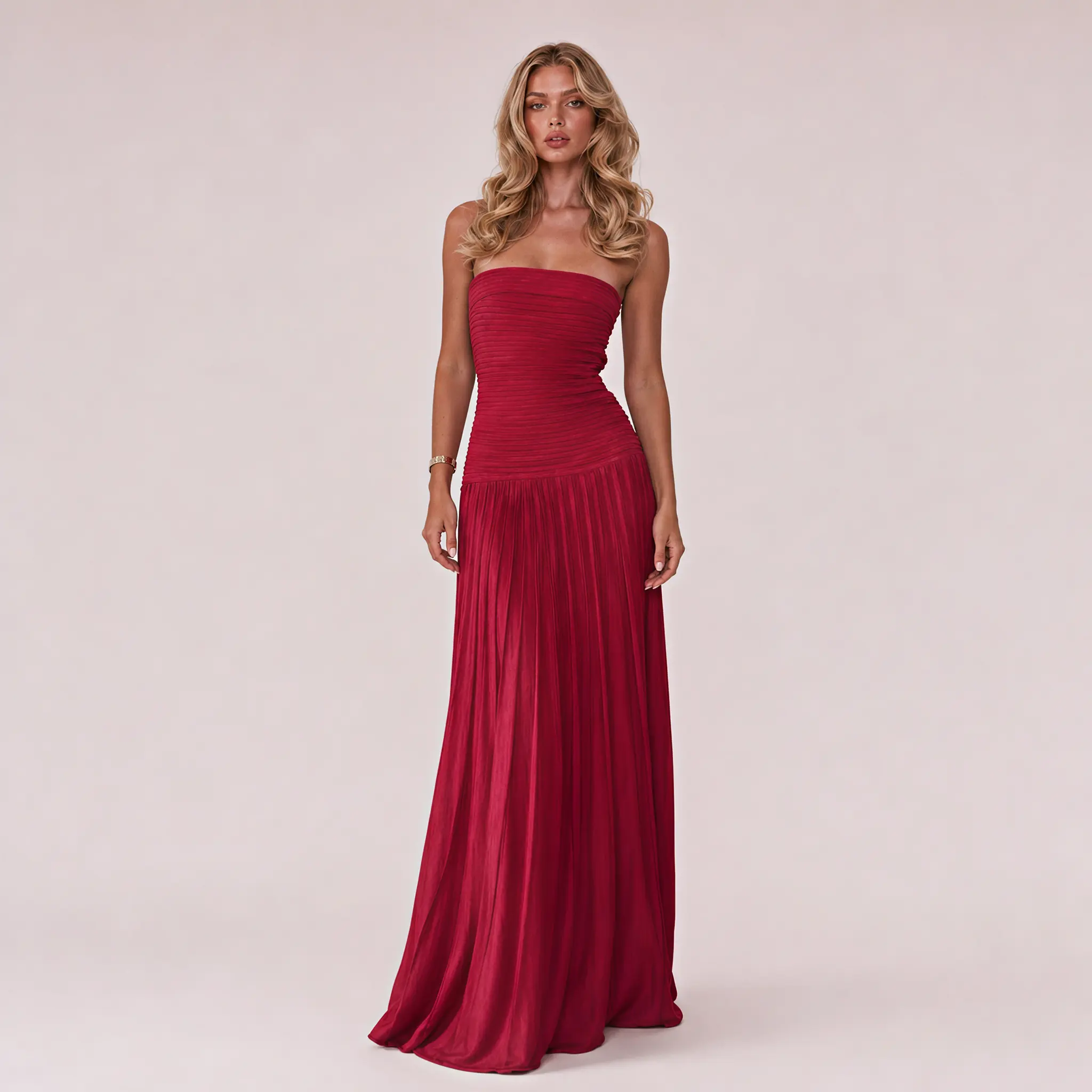 LikeMyChoice 2026 Women's Strapless Knitted Ruched Pleated Maxi Dress - Casual Flowy Floor-Length Formal Evening Gown for Wedding Guests Birthday Parties