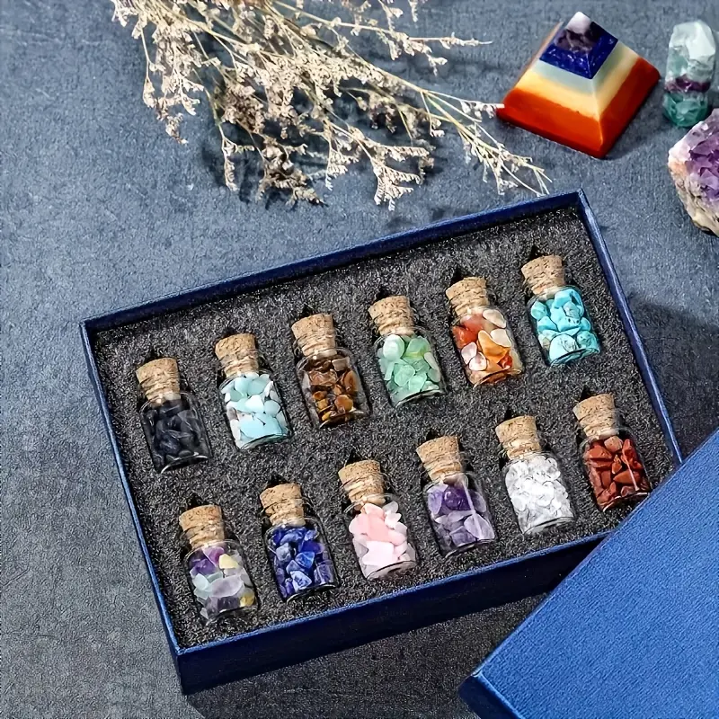 12-Piece Faux Gemstone Wish Jar Set - Elegant Lux Chips, Witches Crushed Natural Stones, Home Ornament with Gift Box, Meditation Decor, Ideal Christmas Gift (Elegant Crystal Look Elevates Decor, Crystal Faux Gems Add Luxe Sparkle), 12 Pcs, Crushed Stone,,