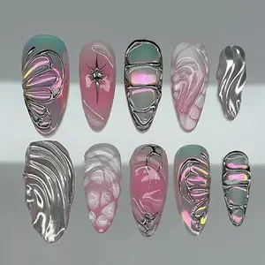 24 Pcs 3D Water Ripple Silver Butterfly Wing Press On Nails, Nail Art Set, Pearlescent Iridescent Shimmer Ins Pink-Green Gradient Ombre, Cyberpunk Silver Foil Metallic Removable False Nails with Jelly Glue & Nail File, Nail Decoration Supplies