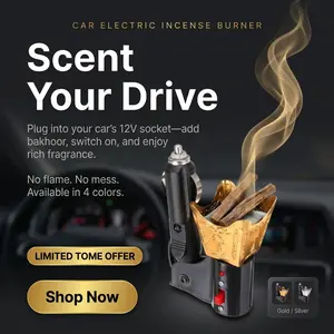 Car Electric Incense Burner, Portable Bukhoor Burner 12V,  Sandalwood Scent Included, Arabic Bakhoor Mabkhara for Car, Vehicle Aromatherapy Diffuser, Plug-In Oud Incense Holder Gold & Silver