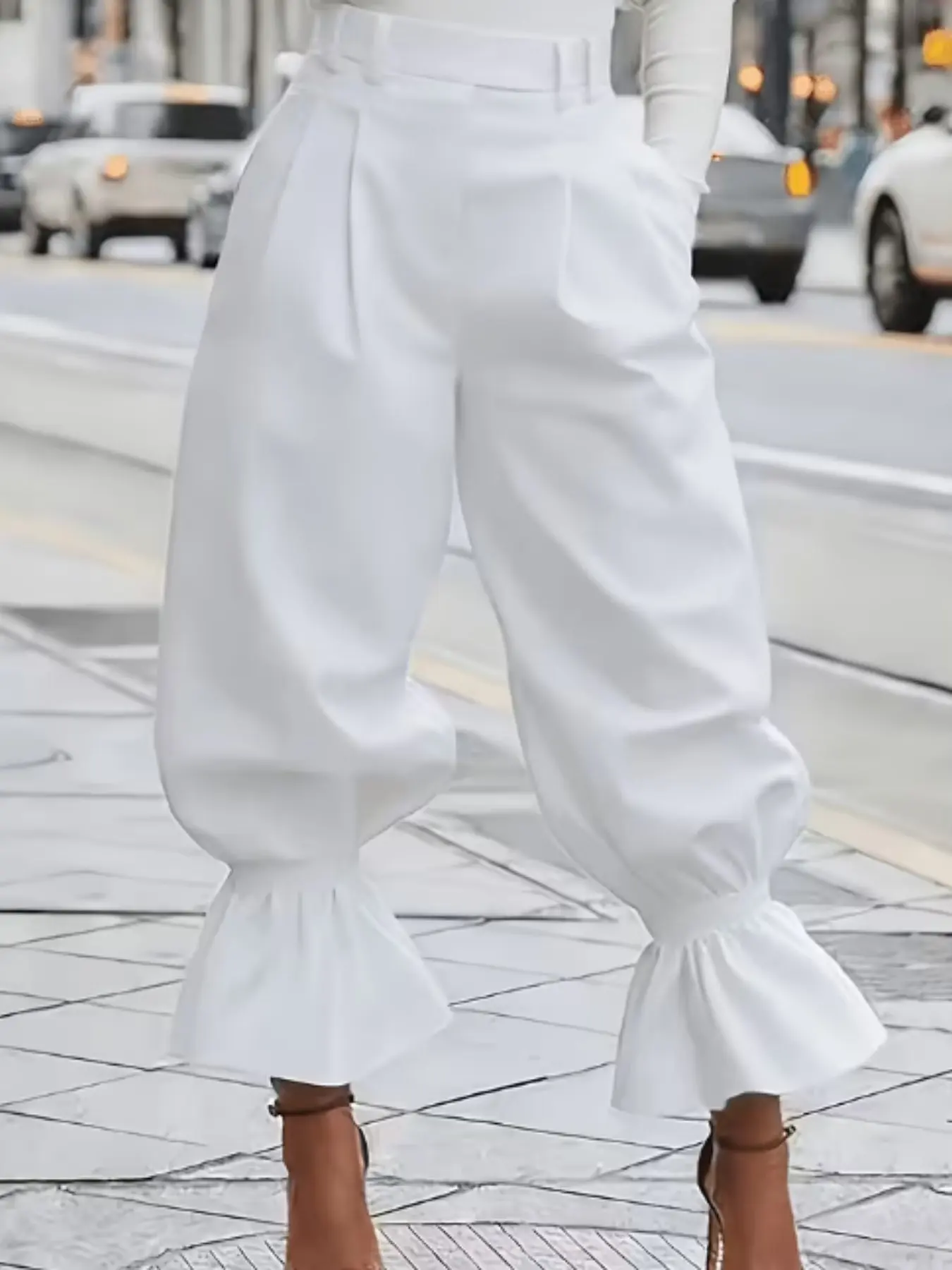 Women's High-Waisted Flared Baggy Trousers Pants Bottoms, Solid Color, Fashionable Urban Casual, Fit, Style, Spring & Fall, Ruffled Hem, Trendy 2026 Clothing, Loose Flared Pants