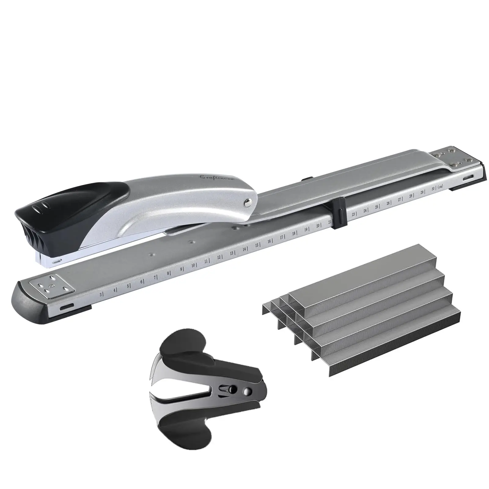 Long Reach Stapler with 2000 Staples & Remover Full Strip,20-25 Sheet Capacity Built-in Ruler and Adjustable Locking Paper Guide  Silvery