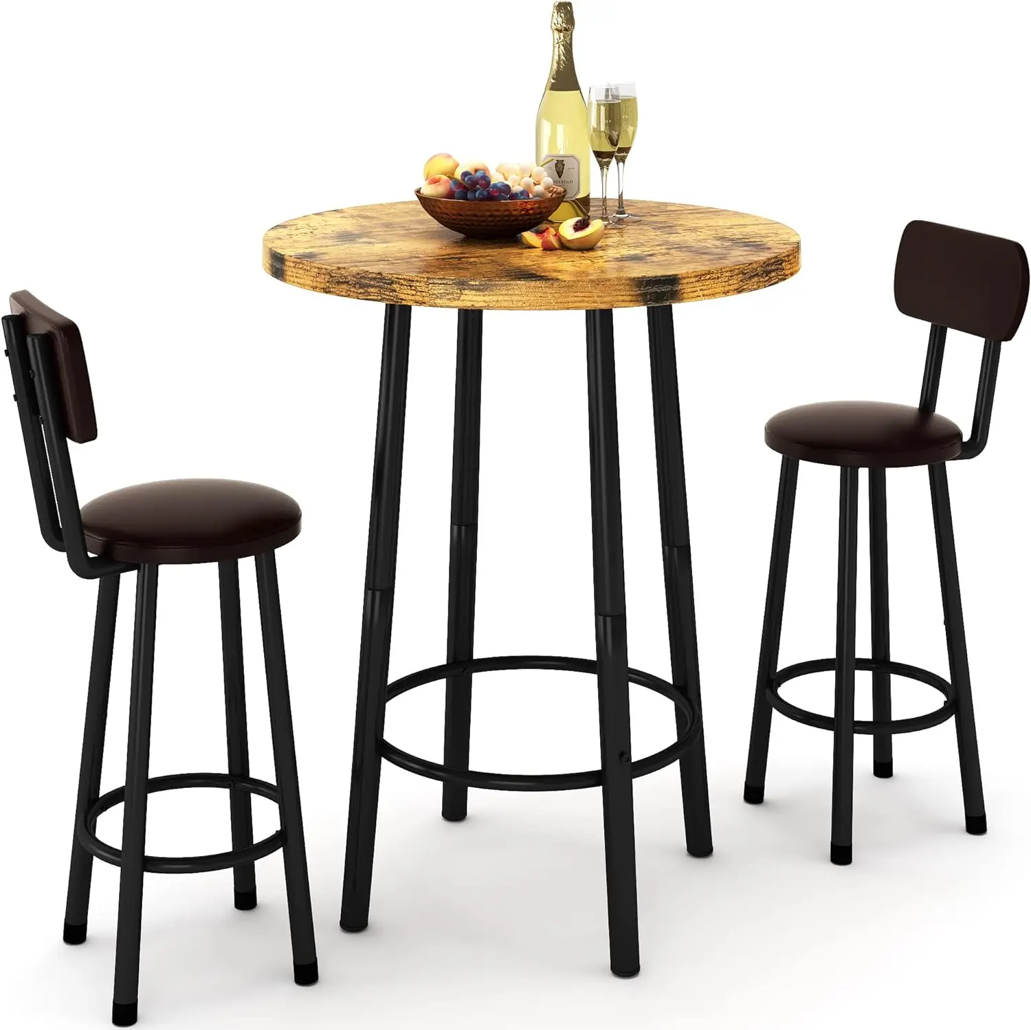 Recaceik 3-Piece Round Pub Dining Set, Modern Retro-Look MDF Wood Top Counter Height Bar Table & 2 Stools, Easy-to-Assemble Super Stable Bistro Set for Small Space Breakfast Nook Home Decor