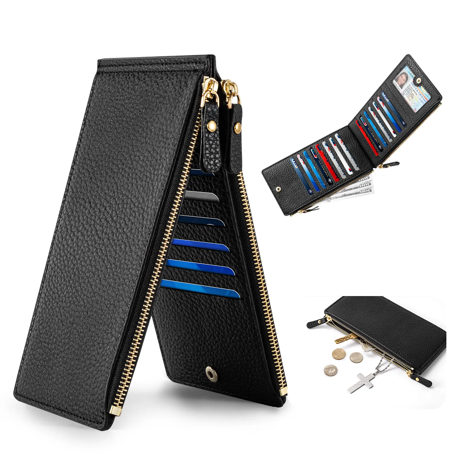 VTLASK Women's Slim Minimalist Leather Wallet, Double Zipper Card Organizer with RFID Blocking and 15 Card Slots for Travel, Elegant Minimalist Wallet, Leather Card Organizer