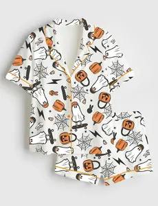Halloween Boys Pumpkin Ghosts Spooky Skateboard Ghost Pajama Set For Women, Gift For Her, SoftLounge Pajamas, CozyDream Set, Gift For Lover.