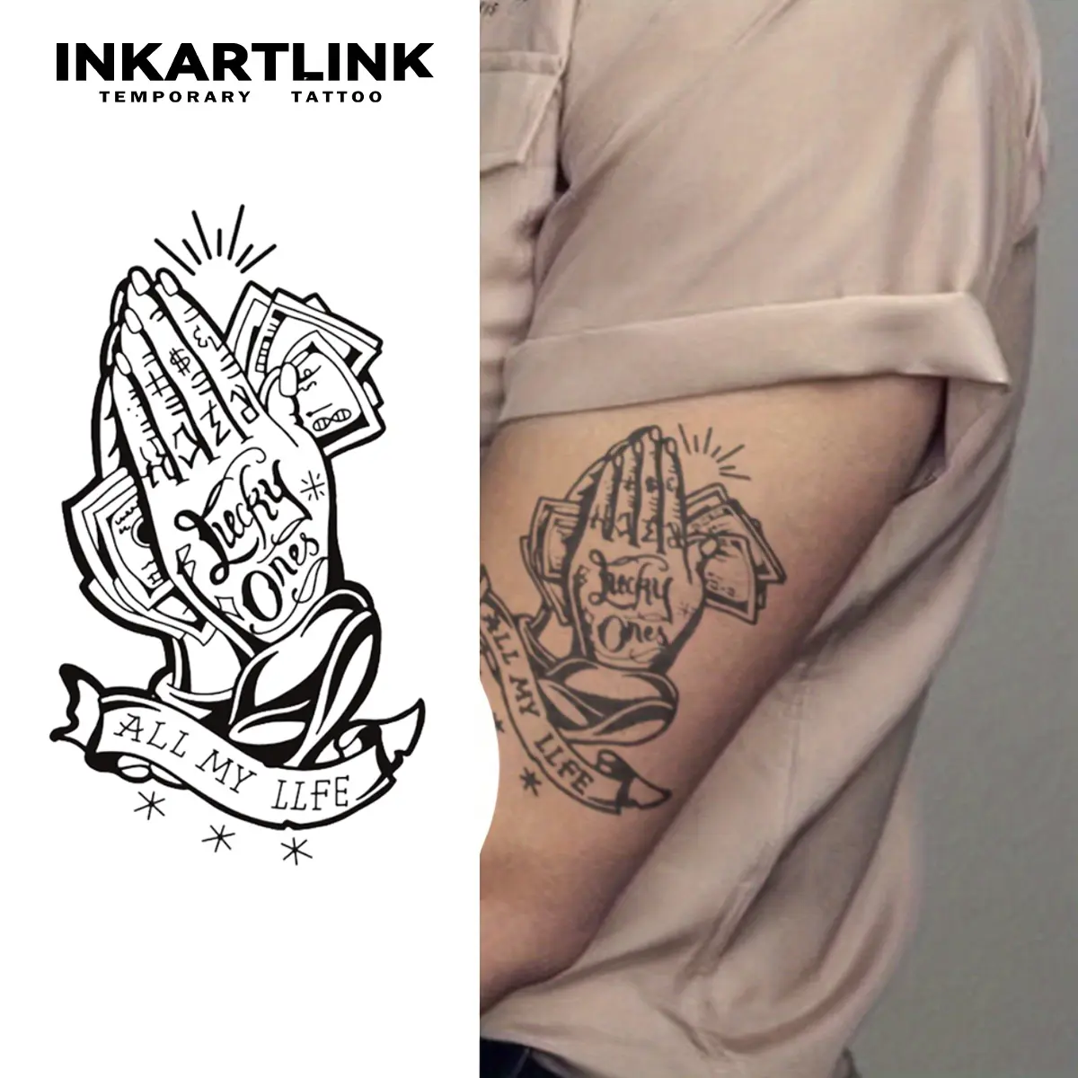 INKARTLINK Temporary Tattoo Sticker Sheets (2-Pack) - Realistic Praying Hands Fake Tattoo Art for Adults, Waterproof Semi-Permanent Adult Art, Lasts 1-2 Weeks