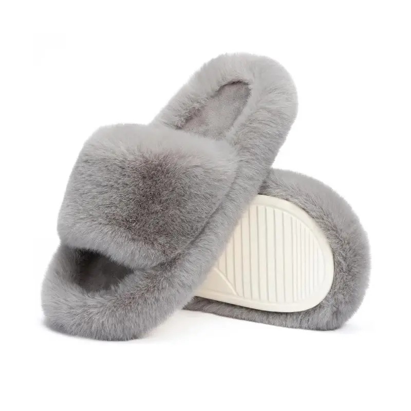 Women's Chic Plush House Slippers, Criss Cross Open-Toe Slip On Slides with a Non-Slip Platform Sole for Indoor Wear, Fur Slides, Plush Fur, Open Toed Slippers