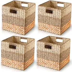 12x12 Wicker Storage Cube Bins for IKEA KALLAX, Natural Wicker Storage Basket, Hyacinth Cube Storage Bin, Cube Storage Baskets, Cubby Woven Baskets, Wicker Baskets for Organizing Set of 4