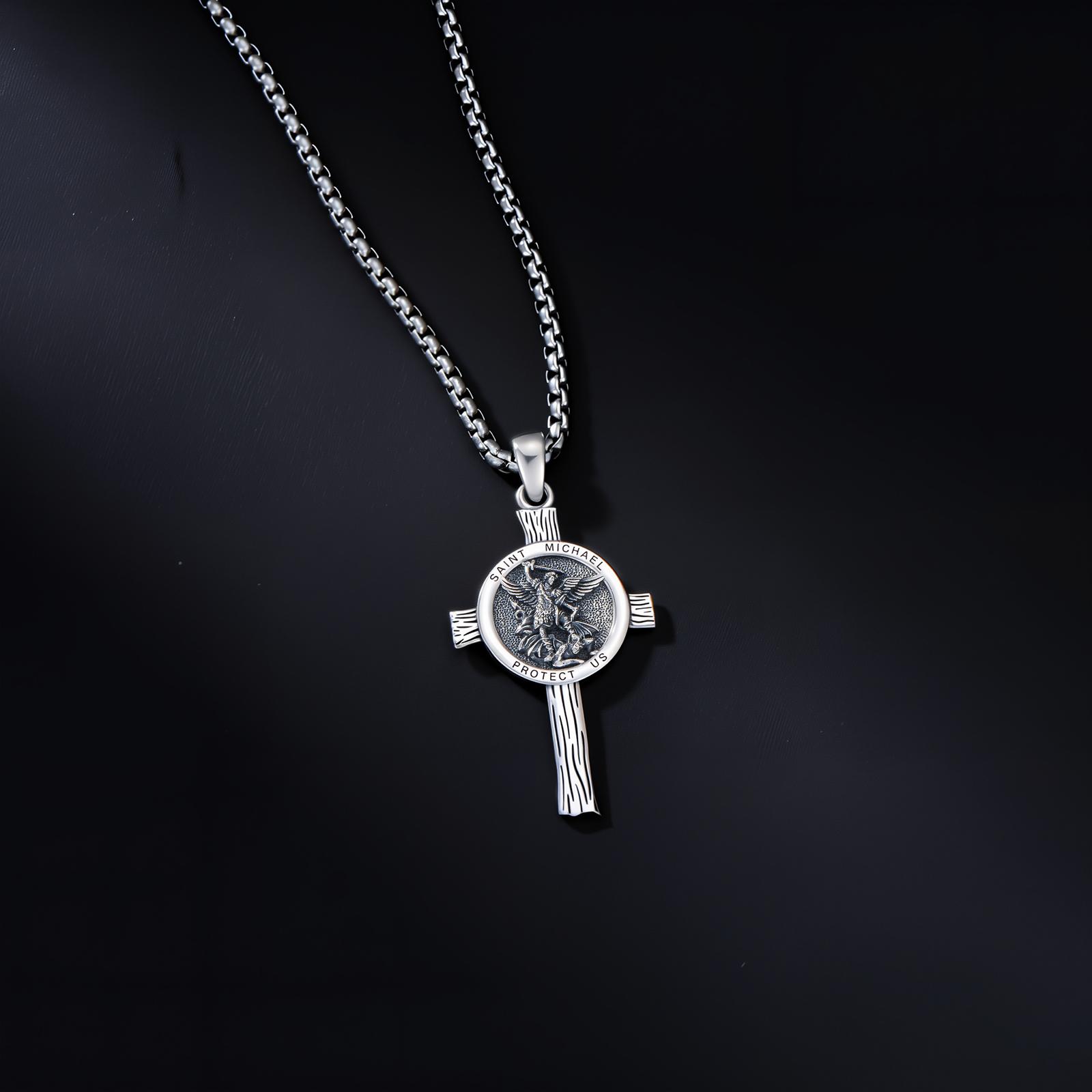 MEIDERBO Dream Chaser Saint Michael Cross Necklace for Men 925 Sterling Silver Oxidized Finish Archangel Protector Pendant Captain Steel Style Stainless Steel Bead Chain 22+2 Inch