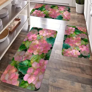 JIT 2/3pcs Kitchen marble Pink lotus and lotus leaf texture carpet Carpet decoration gift Kitchen carpet set, Flannel bedside set floor mat anti-slip washable bedside soft carpet, suitable for kitchen, laundry room, corridor floor running mat carpet