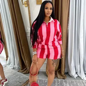 two-piece set woman Striped Print Sweatsuits Woman 2 Piece Outfits Sporty Workout Turn-down Collar Sweatshirt Top and Shorts Ensemble Jogging Femme