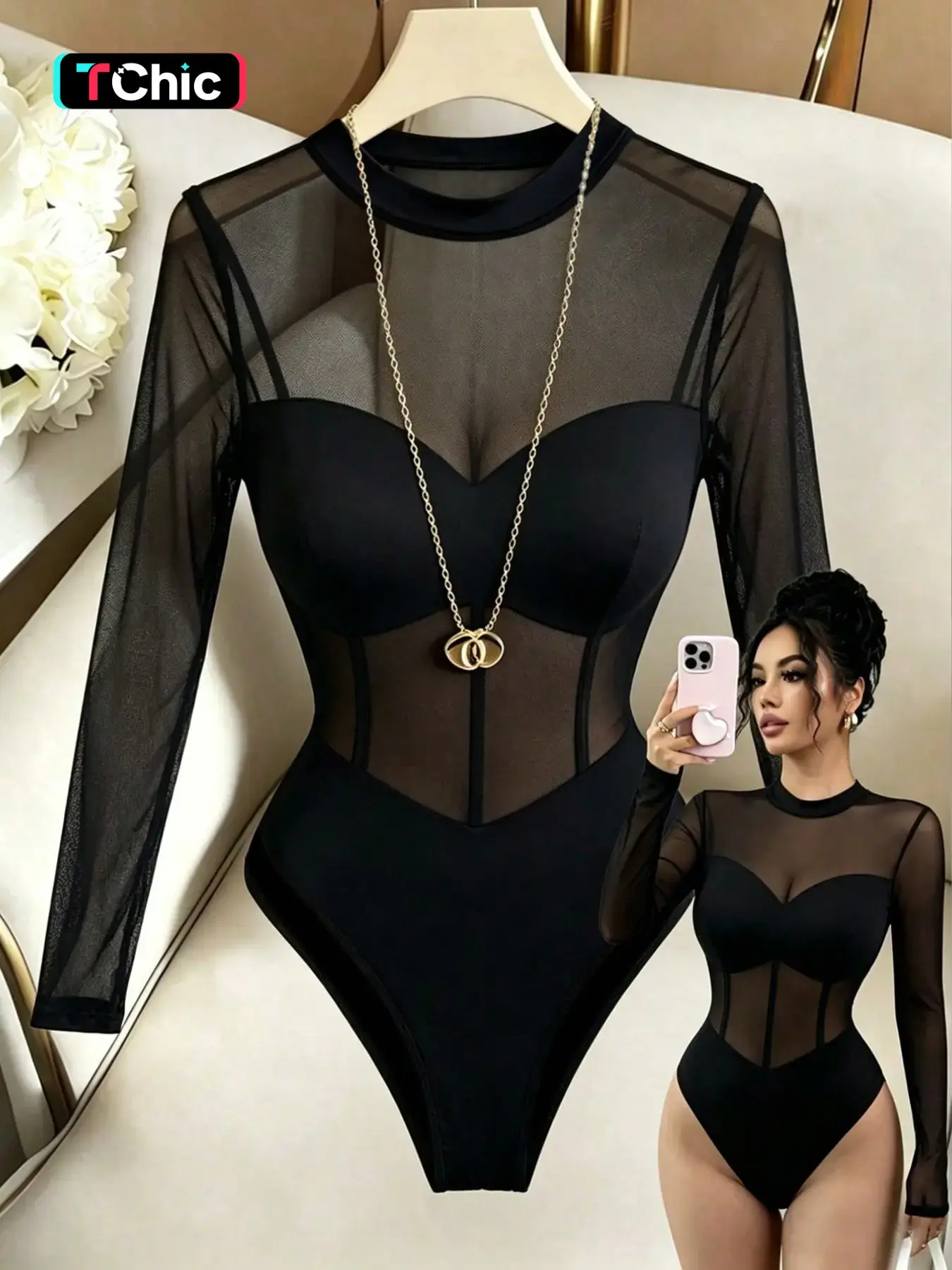 New Women's Stand Collar Mesh Patchwork Knit Fabric Long Sleeve Vacation Party Date Sexy Elegant Minimalist Basic One-Piece Jumpsuit Bodysuit
