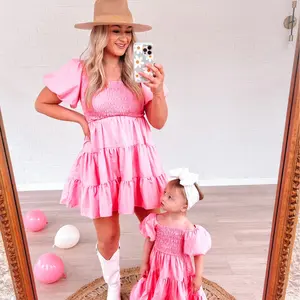 Pink Puff Sleeve Mini Tiered Dress, mommy and me, summer dresses