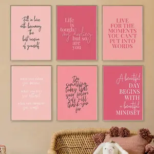 6 Pieces Frameless Inspirational Quote Canvas Wall Art Set, Pink Office Desk Decoration for Women, Modern Decorative Art Classic Style, Ink Printed Posters for Home Office, Living Room, Bedroom, Bathroom Decoration