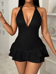 Halter Romper Black Lace-Up Backless Bodysuit for Women's Summer Parties Nights Out with Ruffle Hem Medium Stretch Knitted Fabric