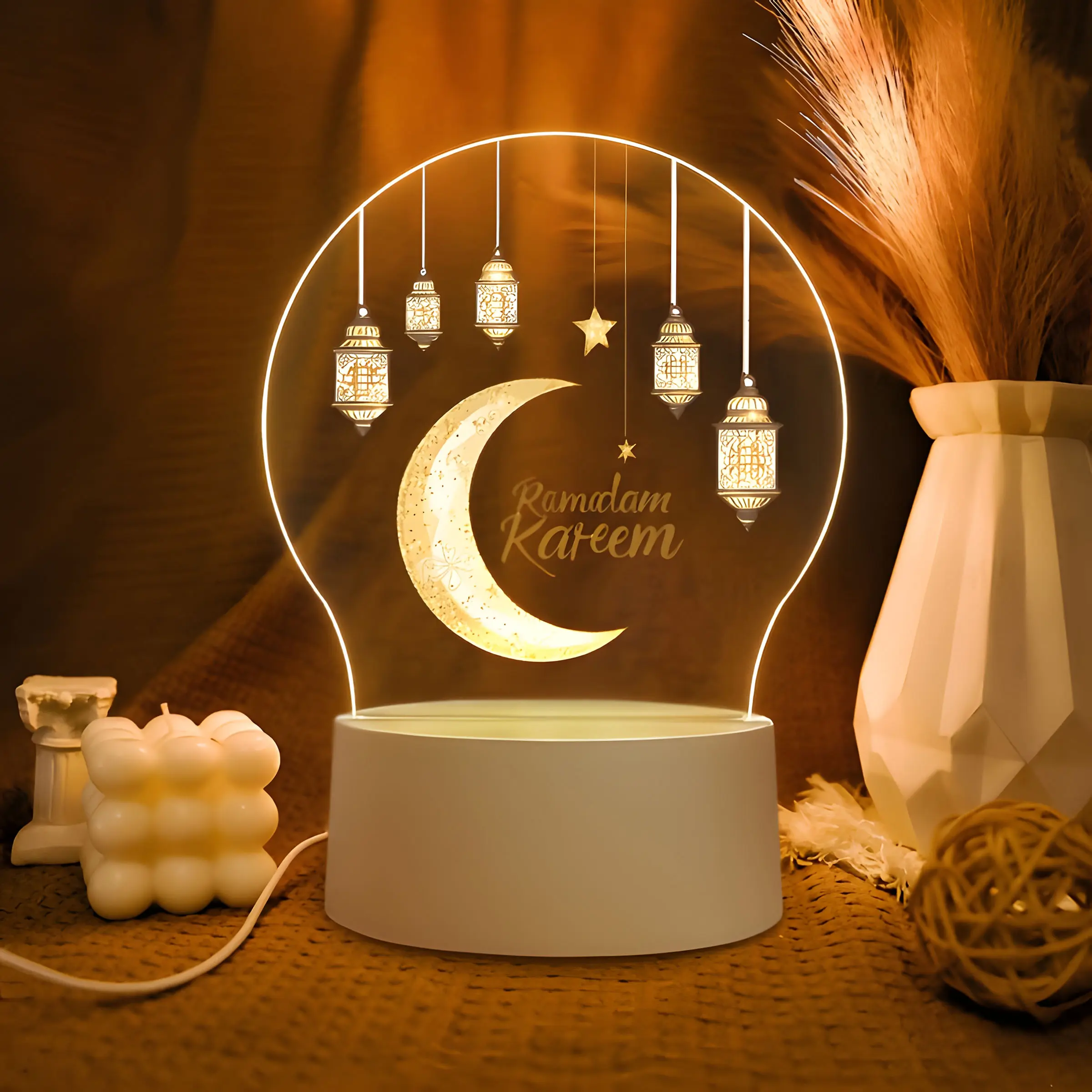Muslim Theme Night Light, Moon Star Lantern, Islamic Ramadan Decoration, Acrylic LED Energy Saving Lamp for Home Hotel Cafe Bar Party