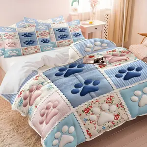 Pastel Paw Print Patchwork Duvet Cover Set (1 Duvet Cover + 1/2 Pillowcases, No Core), Soft Breathable Cute Floral Dog Paw Print Bedding, All Season Comforter Cover for Kids Room, Girls Room