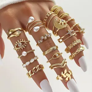 Chic Golden Rings Set 23Pcs Vintage Women Embrace Evil Eye Chain Moon Sun Designs Sparkling Cubic Zirconia Mix Stackable Adjustable for Proms Music Festivals Holiday Fashion