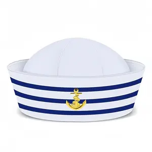 Blue Striped Sailor Hat with Gold Anchor, Nautical Theme Headwear, Adjustable Ocean Hat for Parties and Role Play, Classic Navy Style