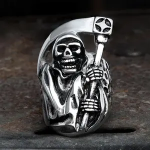 GTHIC Gothic Death Sickle Skull Stainless Steel Ring For Men Fashion Accessories Daily Wear