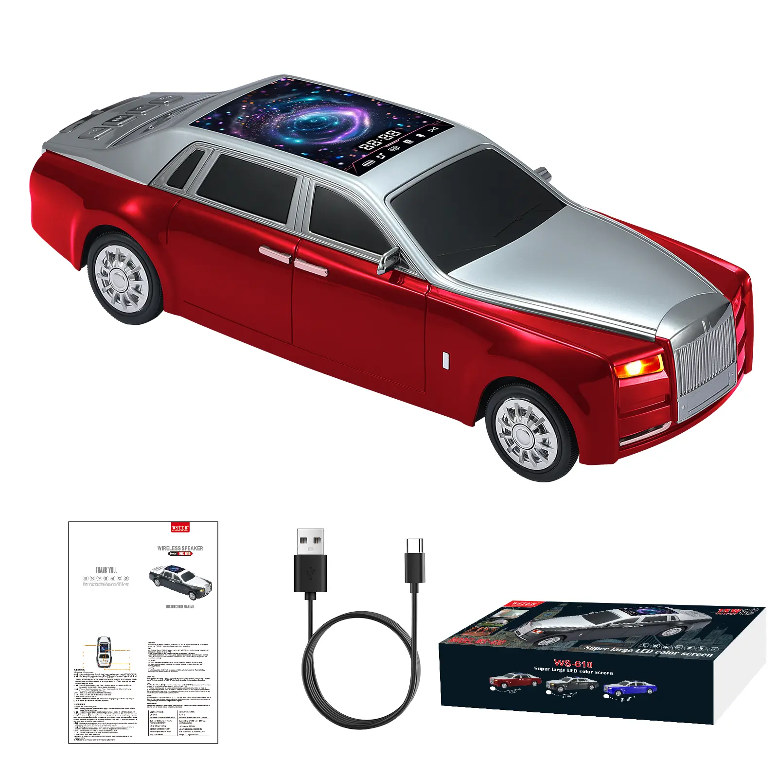 WSTER WS-610 Luxury Sedan Replica Portable Bluetooth Speaker - LED Starry Sky Screen, HD Audio, 18kHz Frequency, TWS Stereo Pairing, FM Radio, USB/TF Playback, USB Type-C Charging, Built-in Mic, for Car Enthusiasts, Mobile/Smartphone Compatible