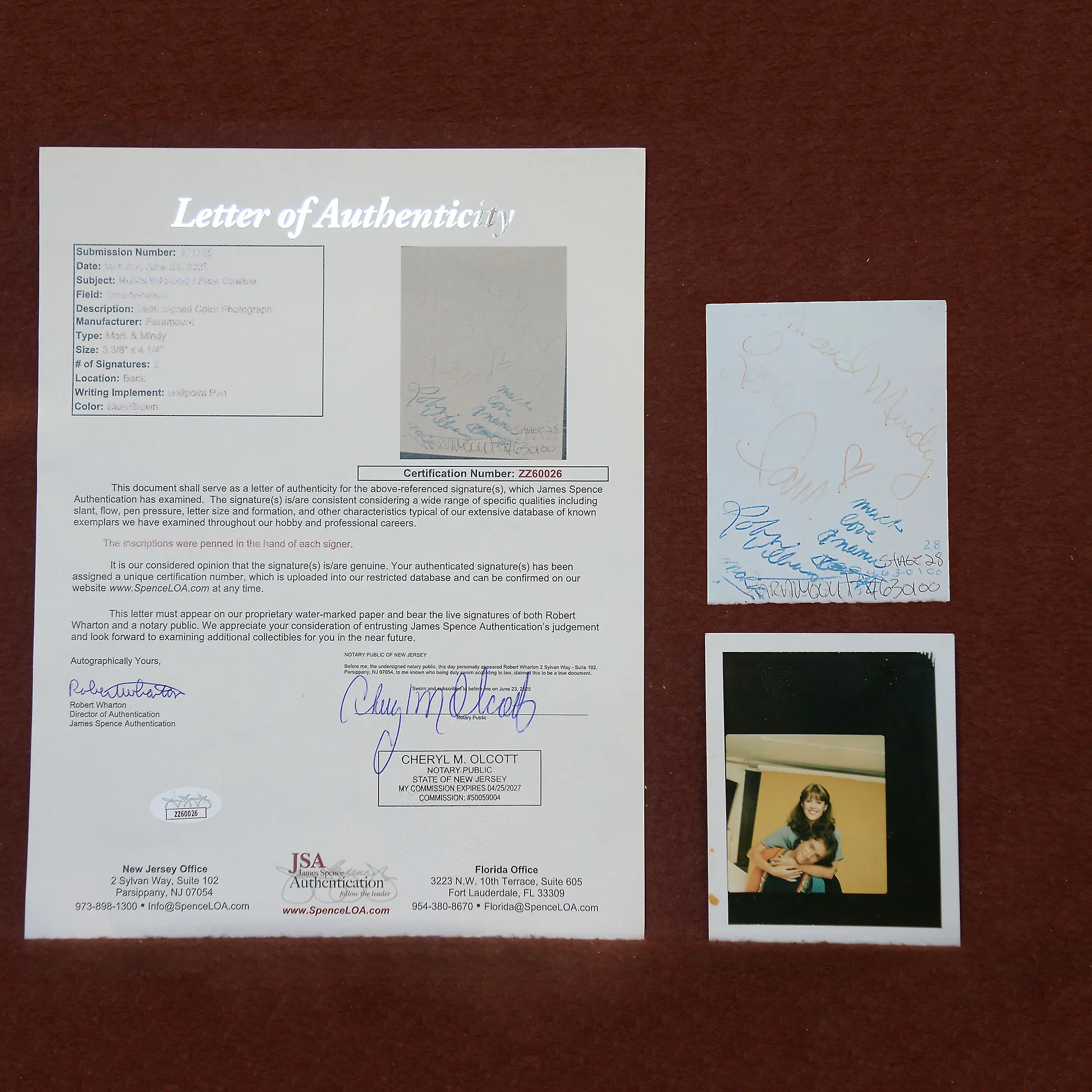 Robin Williams and Pam Dawber 3 3/8 x 4 1/4  Signed JSA Authenticated Polaroid